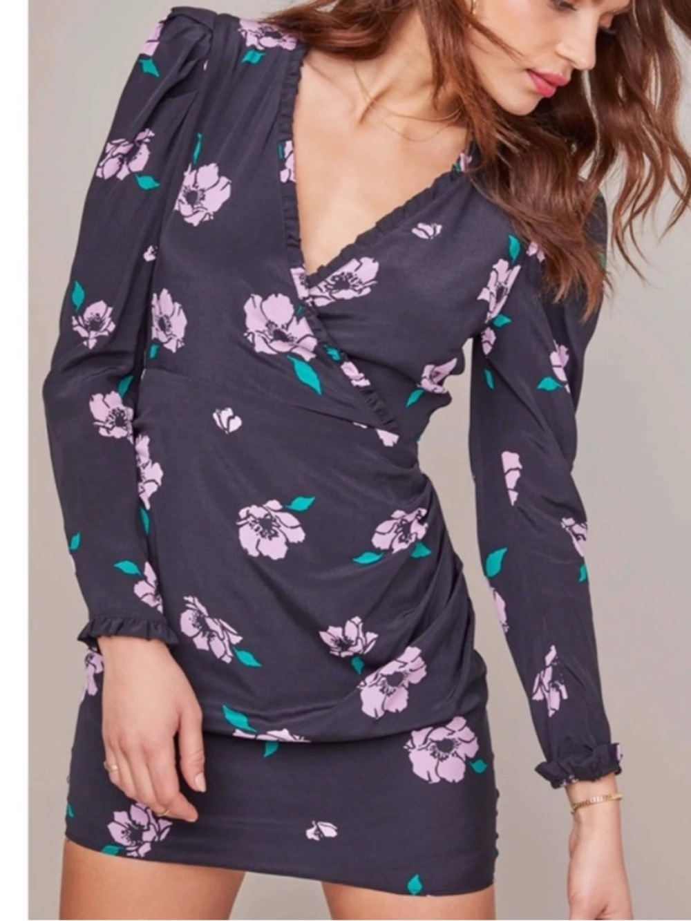 Astr Marinke Sheath Puff Structured Shoulder Purple Ruffle Long-sleeve Mini Dres